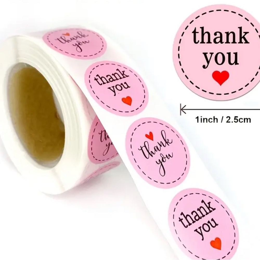 Roll of 500 Thank You Pink Heart Self-Adhesive Kraft Paper 1” Gift Tag Stickers.